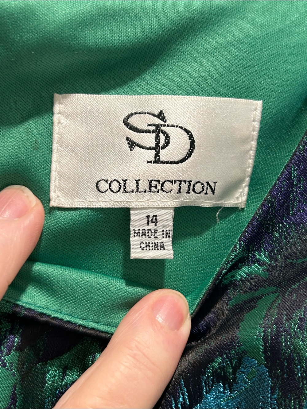 Green and Blue Fit & Flare Floral Satin Damask Midi Cocktail Dress - Size 14 - Picture 3 of 7